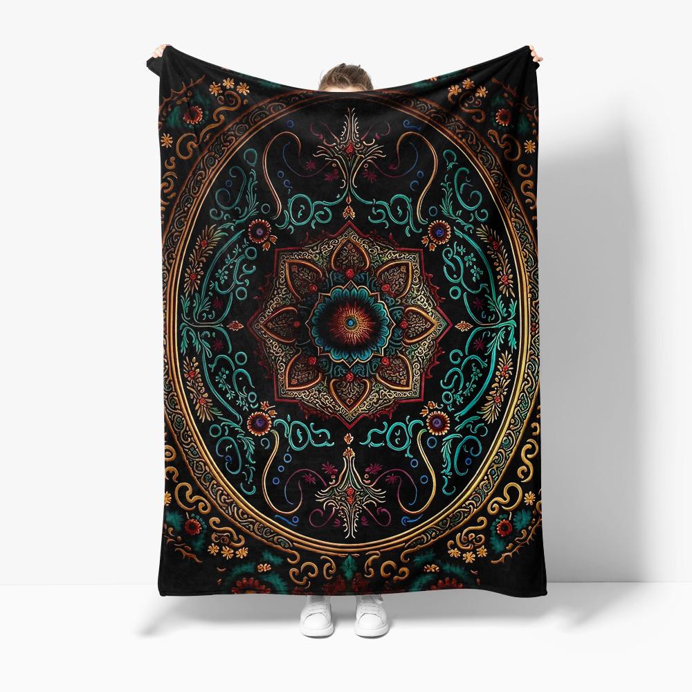 Black Peacock Feather Mandala Fleece Blanket Psychedelic Floral Bed Throw Bohemian Decor Geometric Cushion Cover Gift 75x100cm