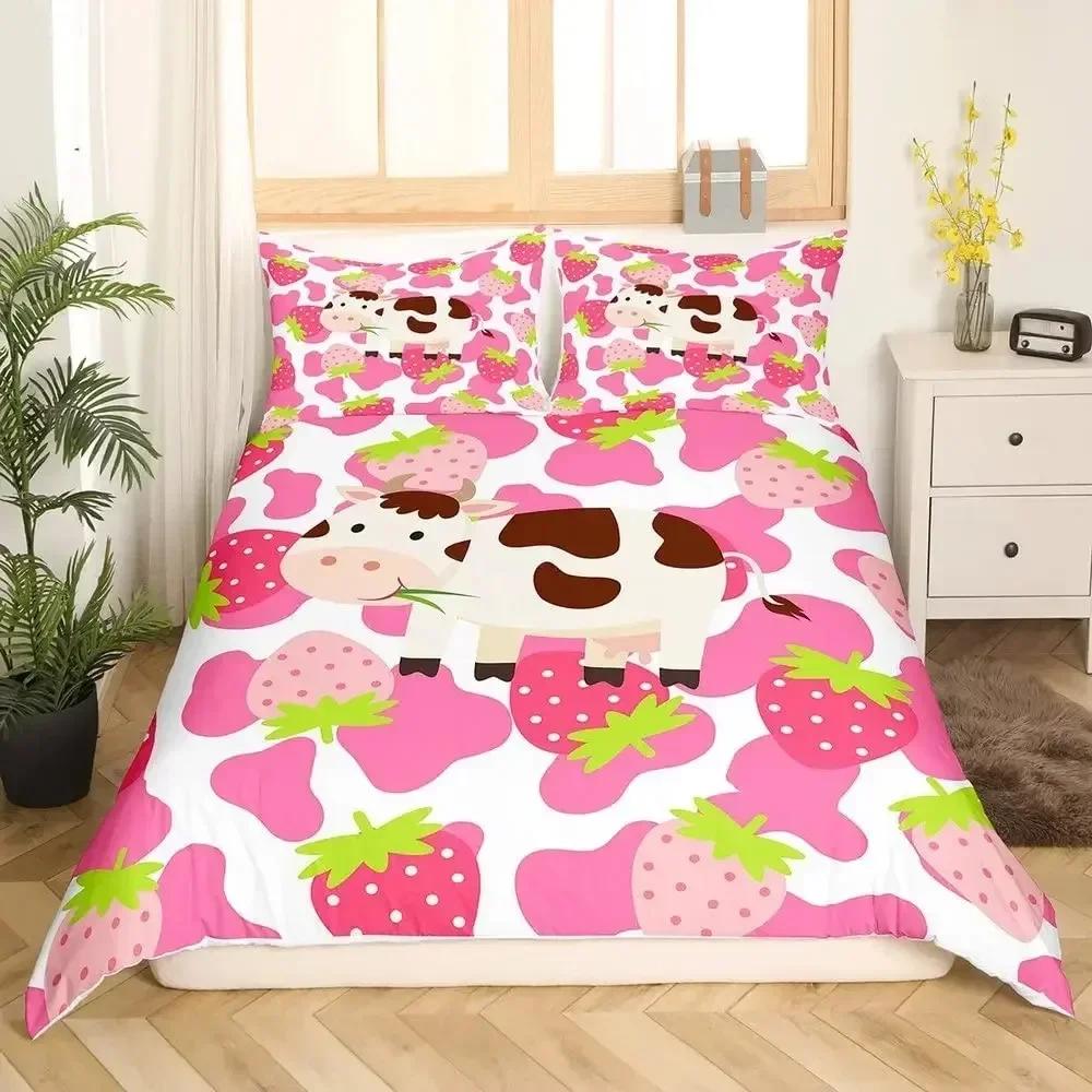 Niedlicher Kuhdruck Bettbezug Queen Kawaii Hochlandkuh Bettwäscheset Bettbezug Laken Bedruckter Kissenbezug Bett Voll Queen King Size