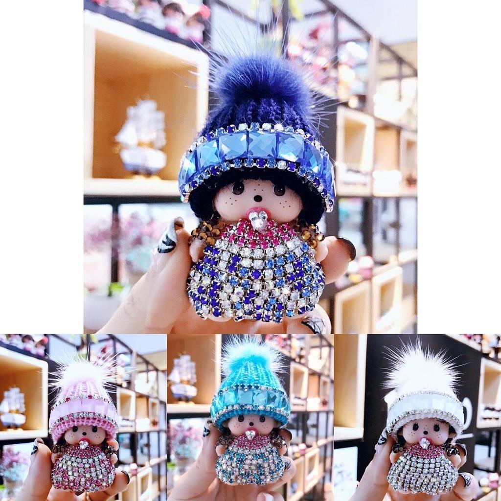 Kristalais inkrustuotas Monchhichi raktų pakabukas, megzta kepurė, audinės pakabukas, prizas iš žaidimų automato, mainų dovana