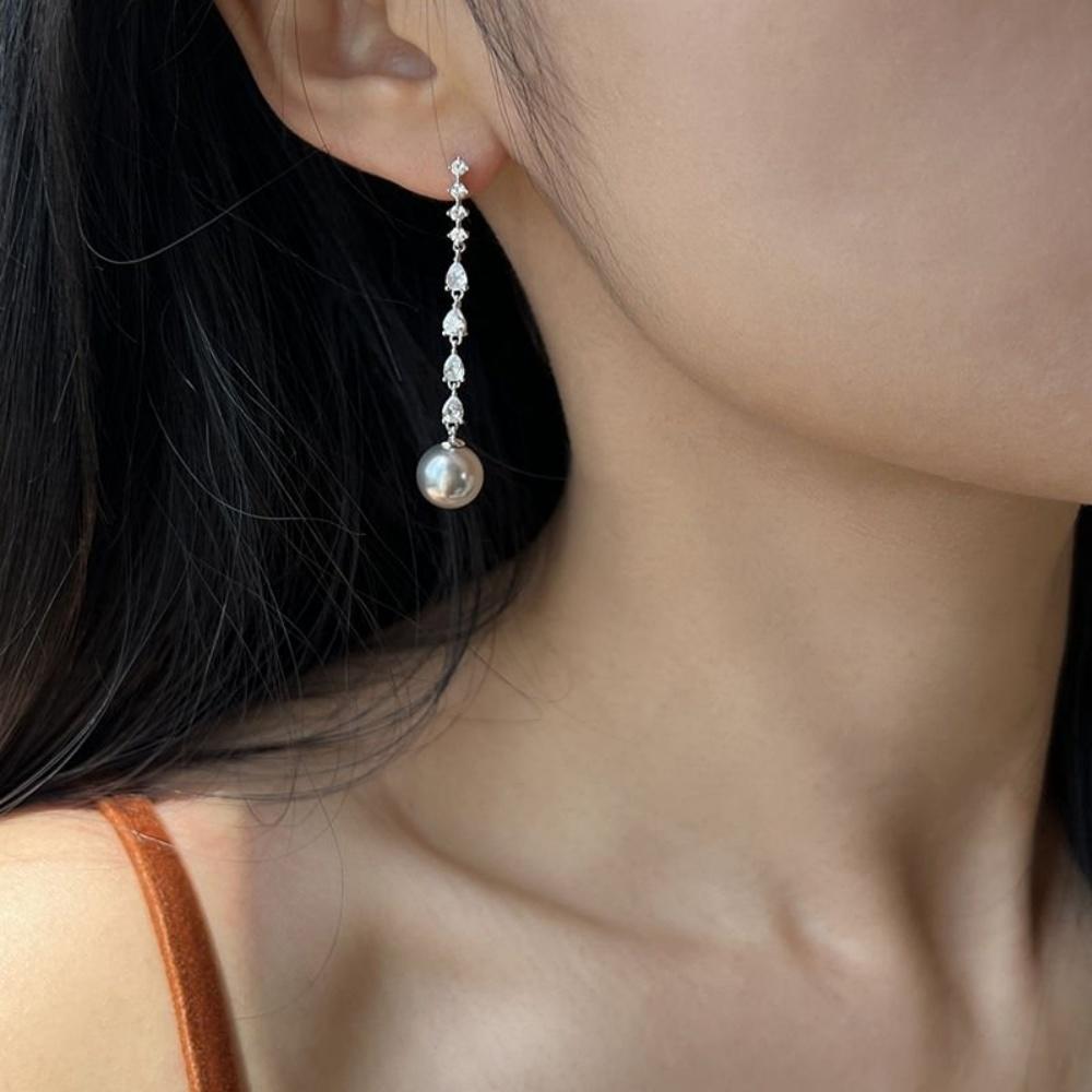 Silver Color Long Tassel Gray Pearl Pendant Earrings For Women Elegance Temperament Shiny Zircon Jewelry Mother's Day Gift