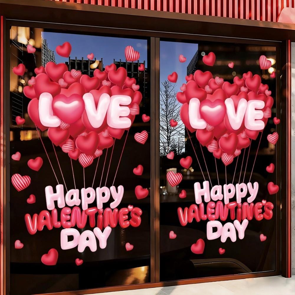 PVC Valentine's Day Window Stickers Love Heart Balloon Shape Pink Red Flower Rose Love Heart Window Decals DIY Waterproof