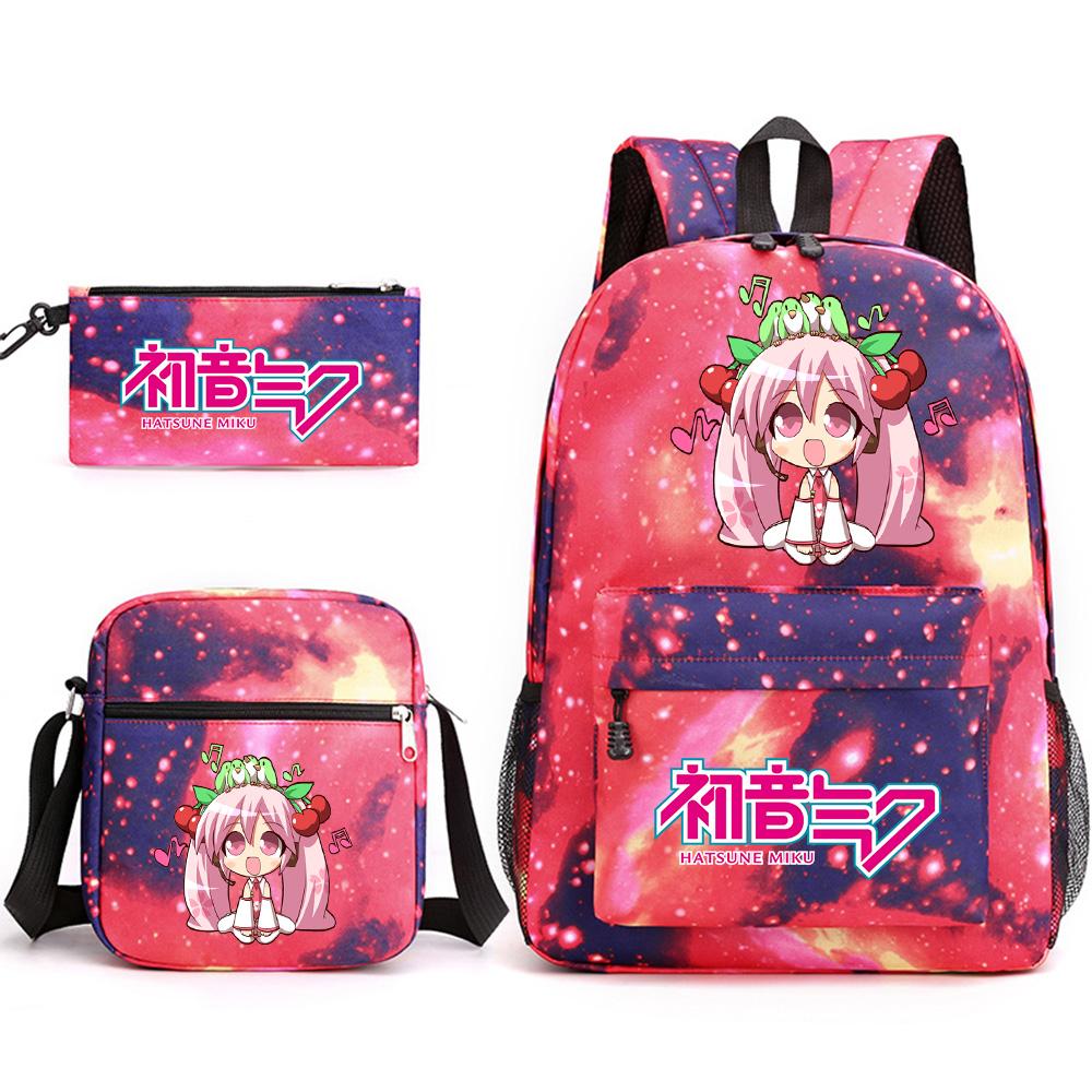 3Pcs/set Anime Cartoon Hatsune Miku Printed Backpack with Shoulder Bag Pencil Case for Teenager Student Boy Girl Large Capacity Waterproof School Bag