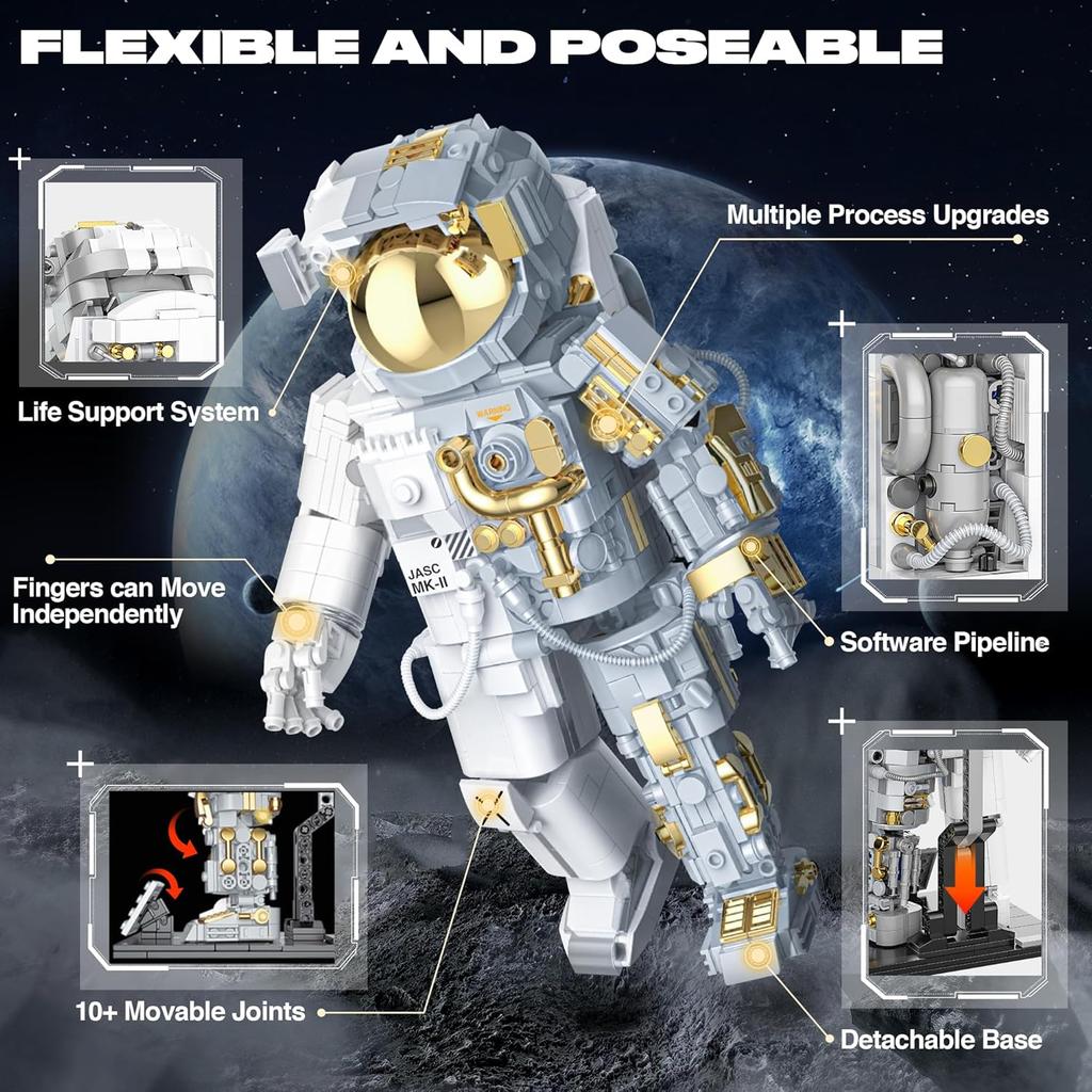 Space Astronaut Building Block for Boy 12+, Astronaut Building Block Set Flexible Space Explorer Toy with Display Stand, Cool Spaceman Building Set