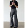 Blaexit Old Money Style Cleanfit Gray Striped A-Line Dress Pants Men's Casual Loose High-Waisted Drapey Wide-Leg Pants