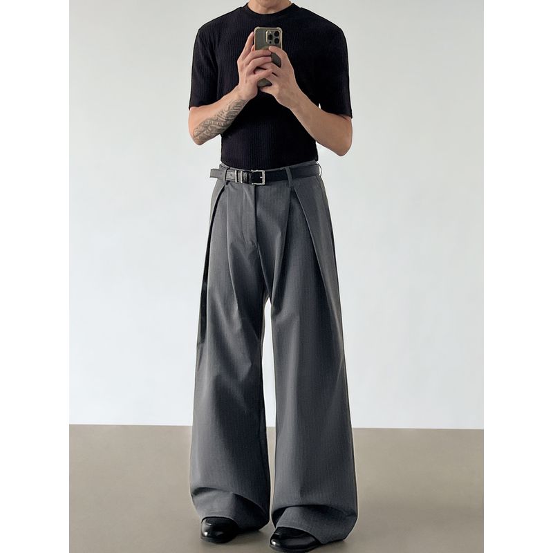 Blaexit Old Money Style Cleanfit Gray Striped A-Line Dress Pants Men's Casual Loose High-Waisted Drapey Wide-Leg Pants