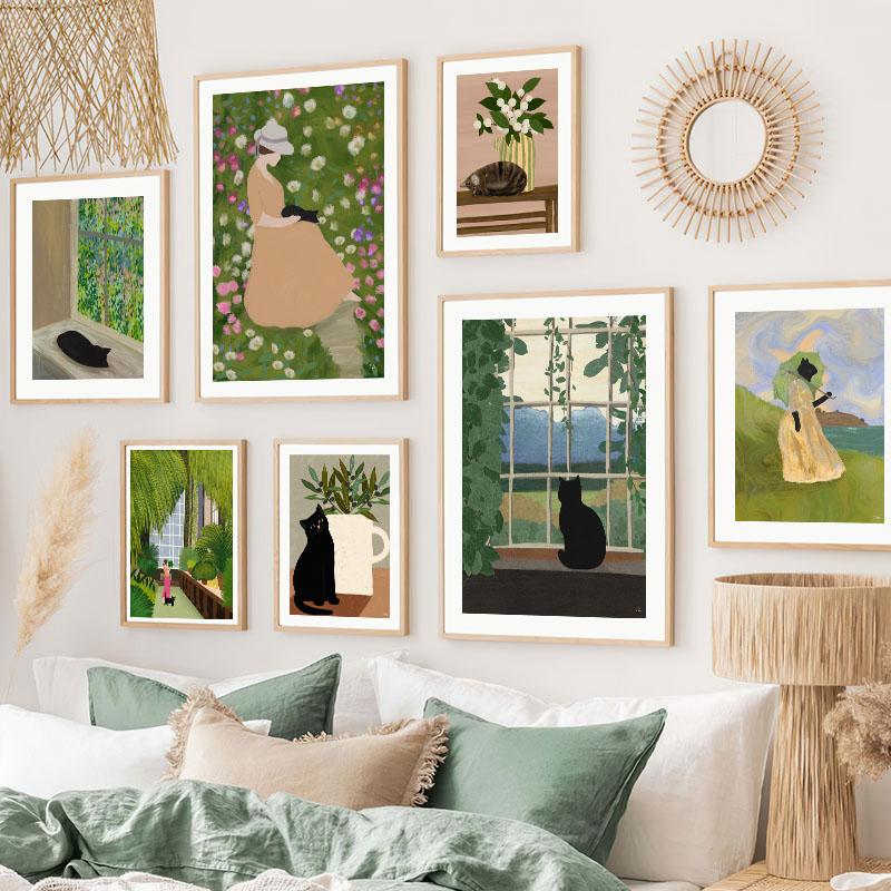 Boho Abstract Girl Garden Flowers Cat Illustration Wall Art Canvas Painting Nordic Poster And Prints Pictures Living Room Decor