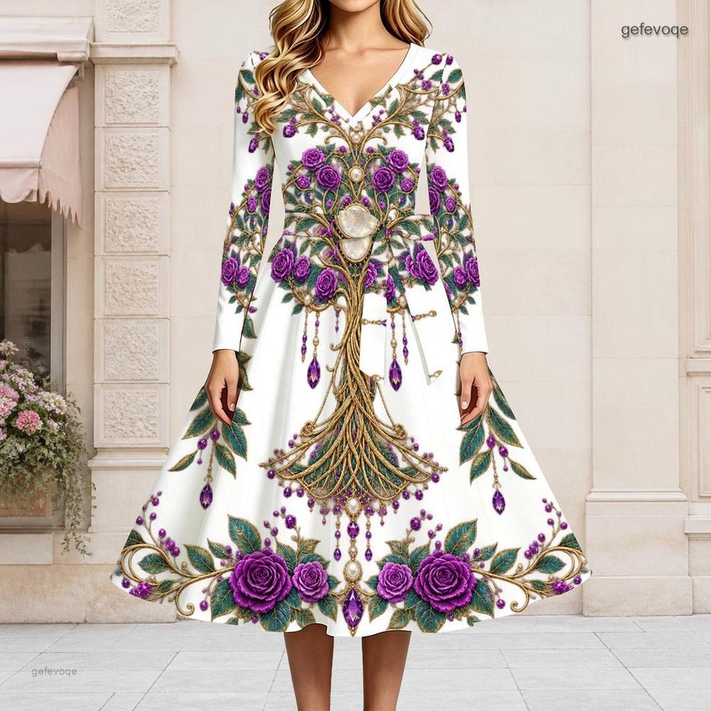 Women Plus Size V Neck Long Sleeve White Printed A Line Flared Dress With Tie Waist