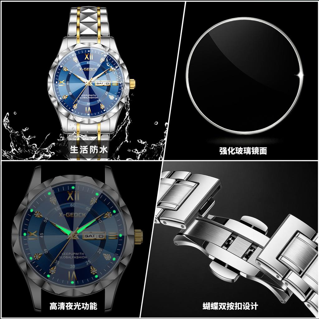 Men'S Business Fashion Round Dial Stainless Steel Quartz Luminous Watch Men'S Rhombus Glass Decorative Trend Watch