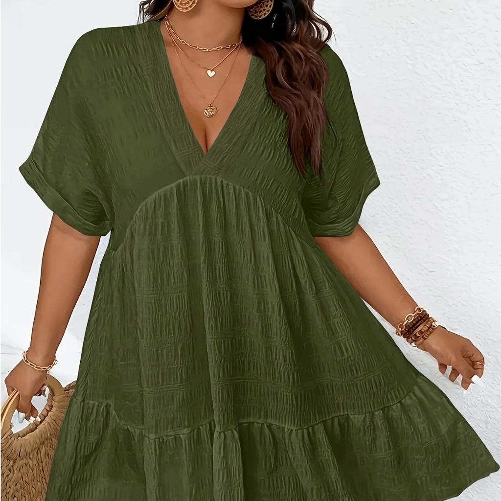 2026TEMU New Women's Summer Casual Deep V-neck Short-sleeved Loose Dress