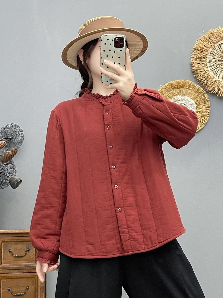 Women's Elegant Quilted Lace Stand Collar Shirt - 2025 Autumn/Winter Cotton Warm Base Layer Top