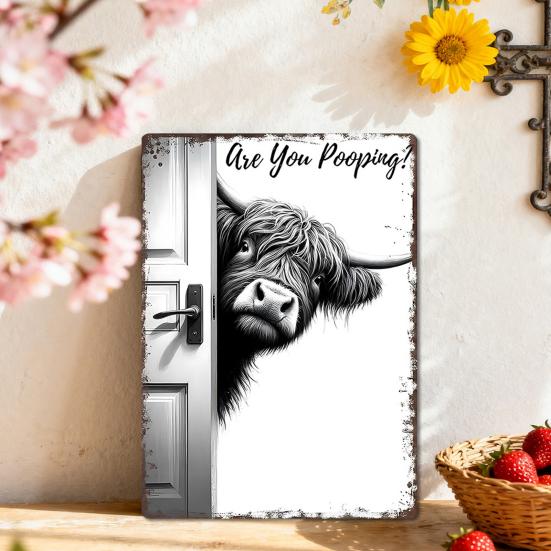 Rustic Farmhouse Bathroom Signs Funny Wall Sign, Vintage Metal Humorous Highland Cow Donkey Sign Art, 12" X 8" for Restroom Washroom Decor Decorative