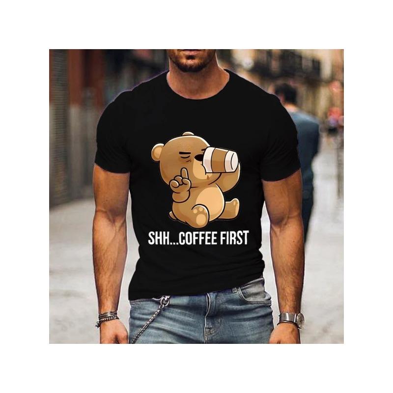 Men's Coffee Bear T-Shirt - SHH... Coffee First Slogan & Anime-Inspired Kawaii Teddy Bear Print, Casual Short Sleeve Round Neck Tee for Coffee Lovers