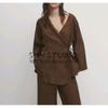 Linen Blend Kimono Cross Outwear 6078572 Retro Brown Elegant Wide Leg Pants 5057572