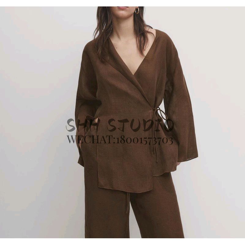 Linen Blend Kimono Cross Outwear 6078572 Retro Brown Elegant Wide Leg Pants 5057572