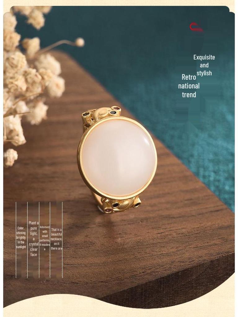 Copper-Plated Retro Court Style Ring with Imitation Mutton Fat White Jade