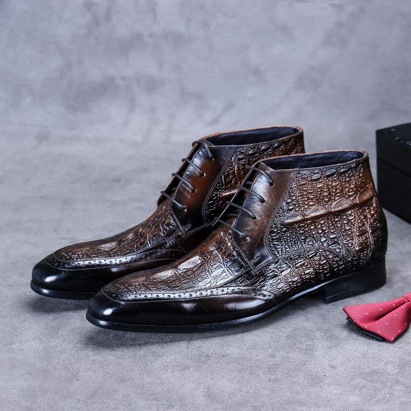 New Men's Formal Boots Men's Ankle Business Black Brown Pointed Toe Shoes Crocodile Pattern Genuine Leather Classic Boots Men