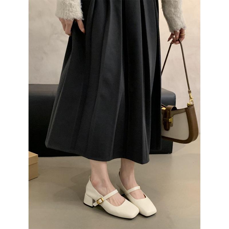French Retro Square Head Light Mouth Single Shoes Women's Middle Heel Spring and Autumn Evening Temperament Fairy Thick Heel Mary Jane Small Leather S