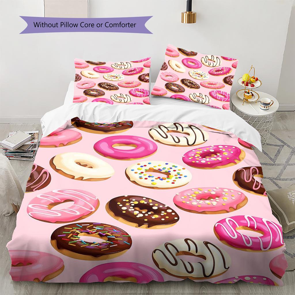 Pościel z wzorem kreskówkowych pączków Zestaw kołdry Poszewka na kołdrę Poszewka na poduszkę Dekoracja domu Prezent (1 * poszwa na kołdrę + 2 * poszewki na poduszki, bez rdzenia)