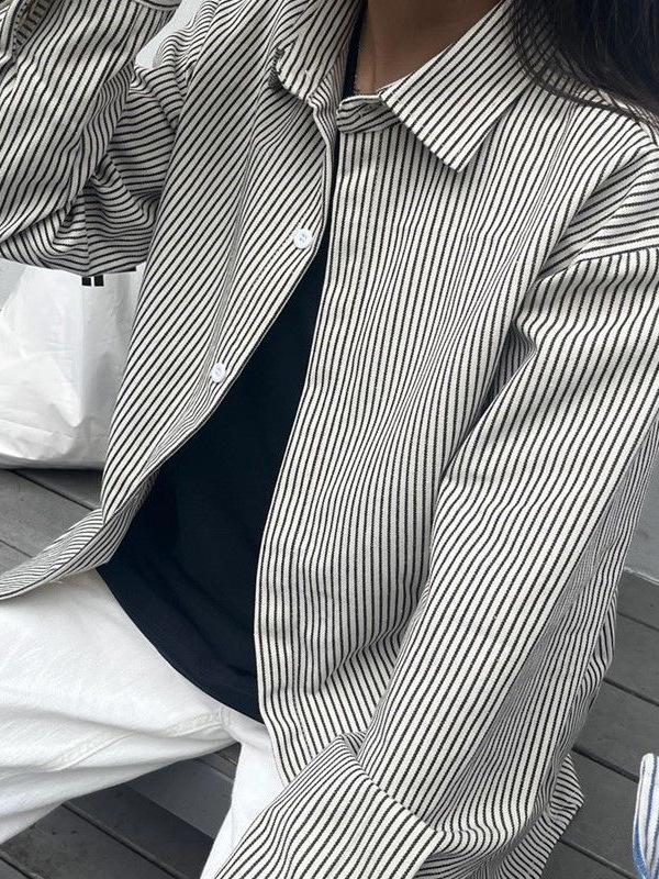 Women's Black Striped Jacket-Style Summer Shirt - Youthful, Versatile, and Loose-Fit Design