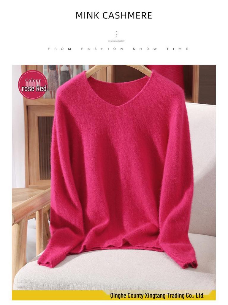 Damen Schlank geschnittener V-Ausschnitt Nerz Kaschmir Pullover, Große Größen, Herbst/Winter Pullover