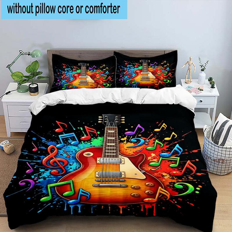 Neon Guitar Melody 3pcs Bedding,Including 1pc Duvet Cover And 2pcs Pillowcases Perfect for Christmas,Ideal for Bedroom, Dormitory