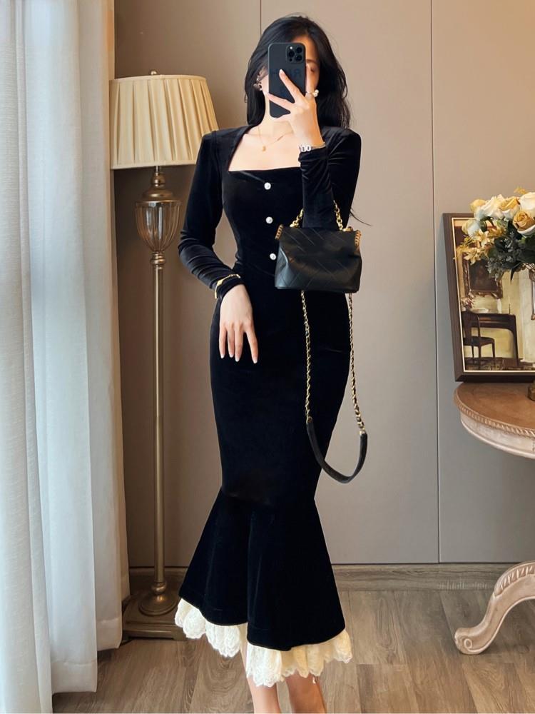 Vintage Bodycon Velvet Mermaid Party Dresses Women Elegant Lace Patchwork Evening Prom Vestidos Female Autumn Winter Clothes