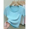 Real Shot Pure Color Round Neck Cotton Short Sleeve T-shirt Summer New Arrival Women's Low Collar Pure Color Short Tops Plaid Inner Wear