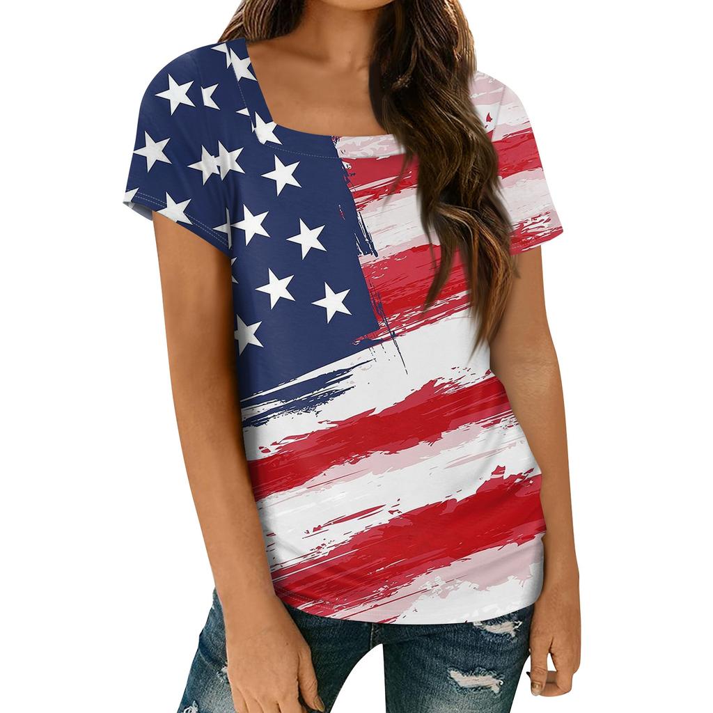 Women's Tops Spring Summer Casual T Shirt Short Sleeve Square Neck Basic Printed T Shirt