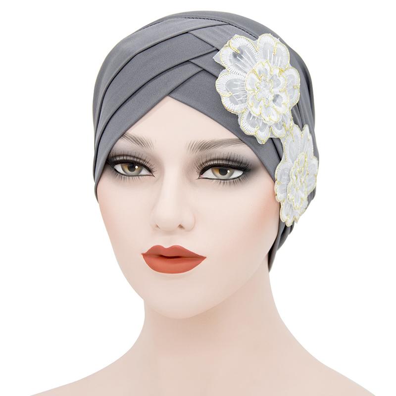 Fashion Ladies Forehead Cross Plum Blossom Hat Beanie Elastic Soft Top Hat Adult Women Milk Silk Flower Cap Muslim Turban