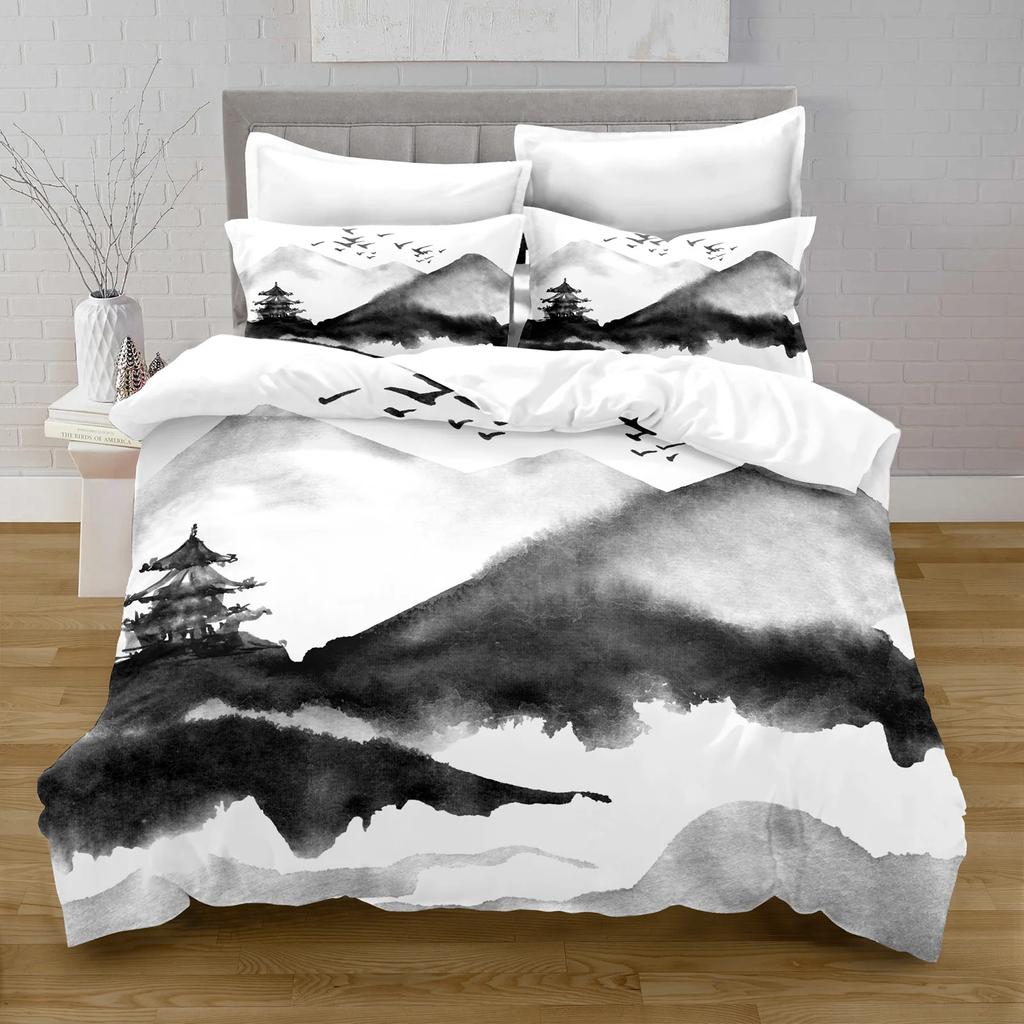 Ink Painting King Queen Duvet Cover Chinese Landscape Painting Bedding Set Adults Idyllic Scenery Mountain Polyester Quilt Cover