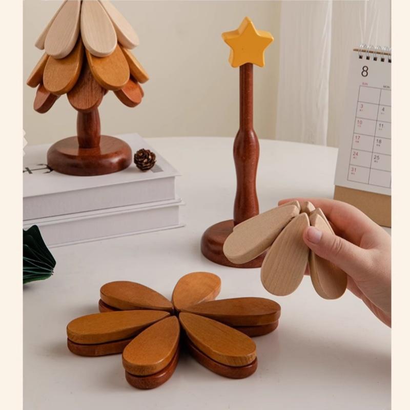 3pcs/set Christmas Tree Coaster Set Wooden Heat-Resistant Trivets Cup Mat with Stand Holder Festival Home Ornament Decoration