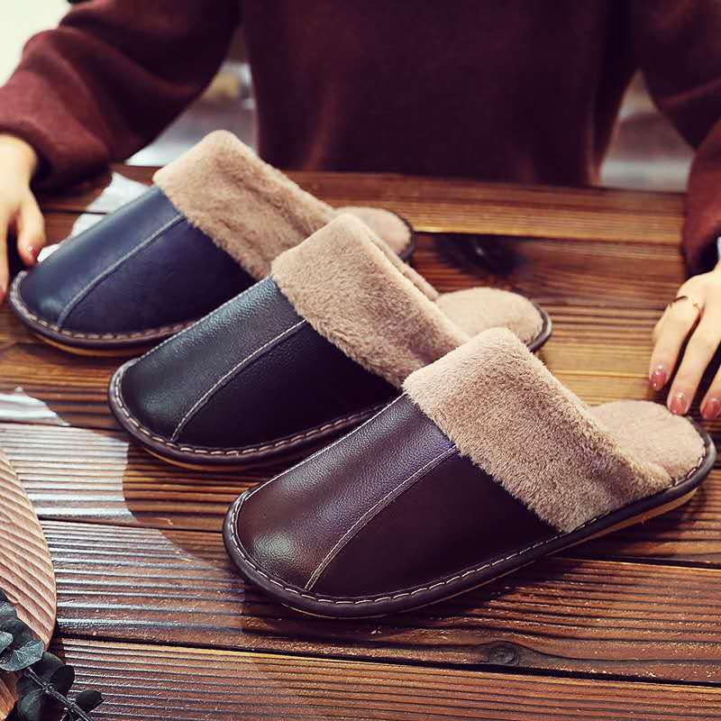 Unisex Genuine Leather Cowhide Slippers: Non-Slip, Warm Indoor Cotton Slippers for Autumn and Winter