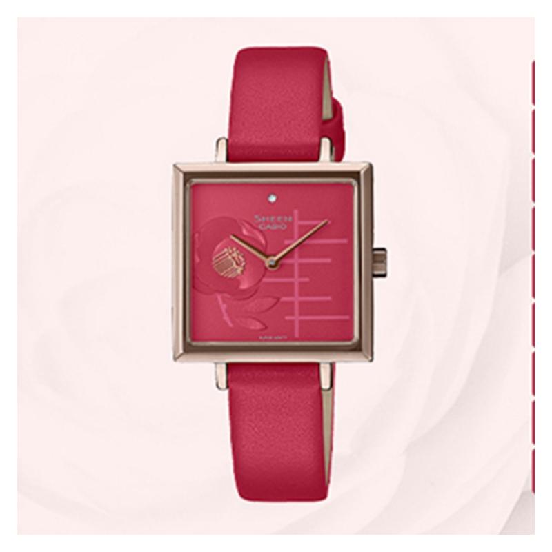 Casio SHEEN Flower Theme Camellia Series Classic Square Business Quartz Movement Leather Strap Japanese and Korean Watch SHE-C141CGL-4AUPFH-person