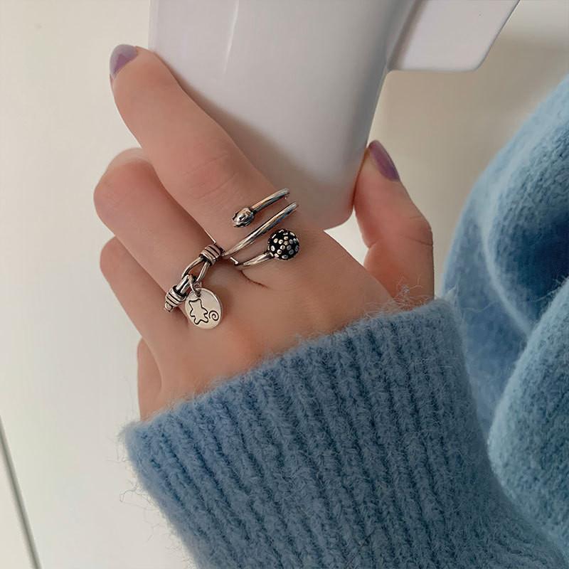 Style Korean Youthful Adjustable Bear Pattern Flower Ring For Women Chic Versatile And