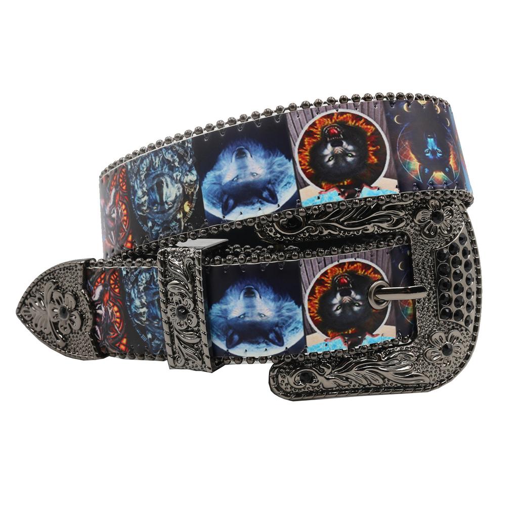 Original Design Animal Rhinestone Print Belt, Hip Hop Punk Personality Full Of Pu Leather Belt