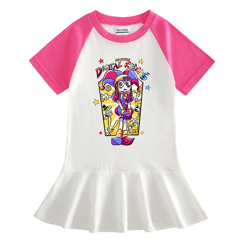 2026 Summer Korean Style Cartoon Short Sleeve Girls' Dress with Color Block and Pleated Skirt