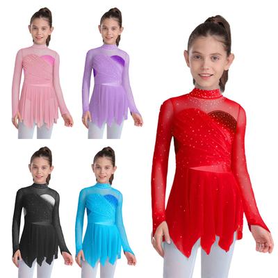 Kids Girls Lyrical & Figure Skating Dress: Sparkling Rhinestone Mock Neck Long Sleeve with Ruched Mesh & Irregular Hem