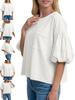 Women's Puff Sleeve Drop Shoulder Blouse Crew Neck Loose Summer Top with Side Pocket