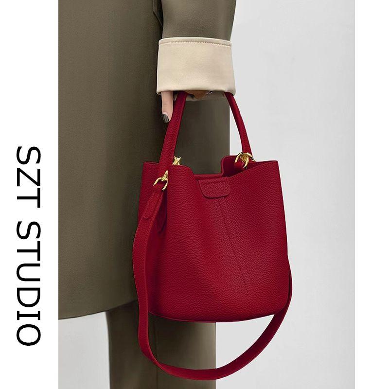 

Wine Red Bucket Bags Women s 2025 New Arrival Fancy Large Capacity Satchel Bridal Wedding Bag Shoulder Messenger Bag Red