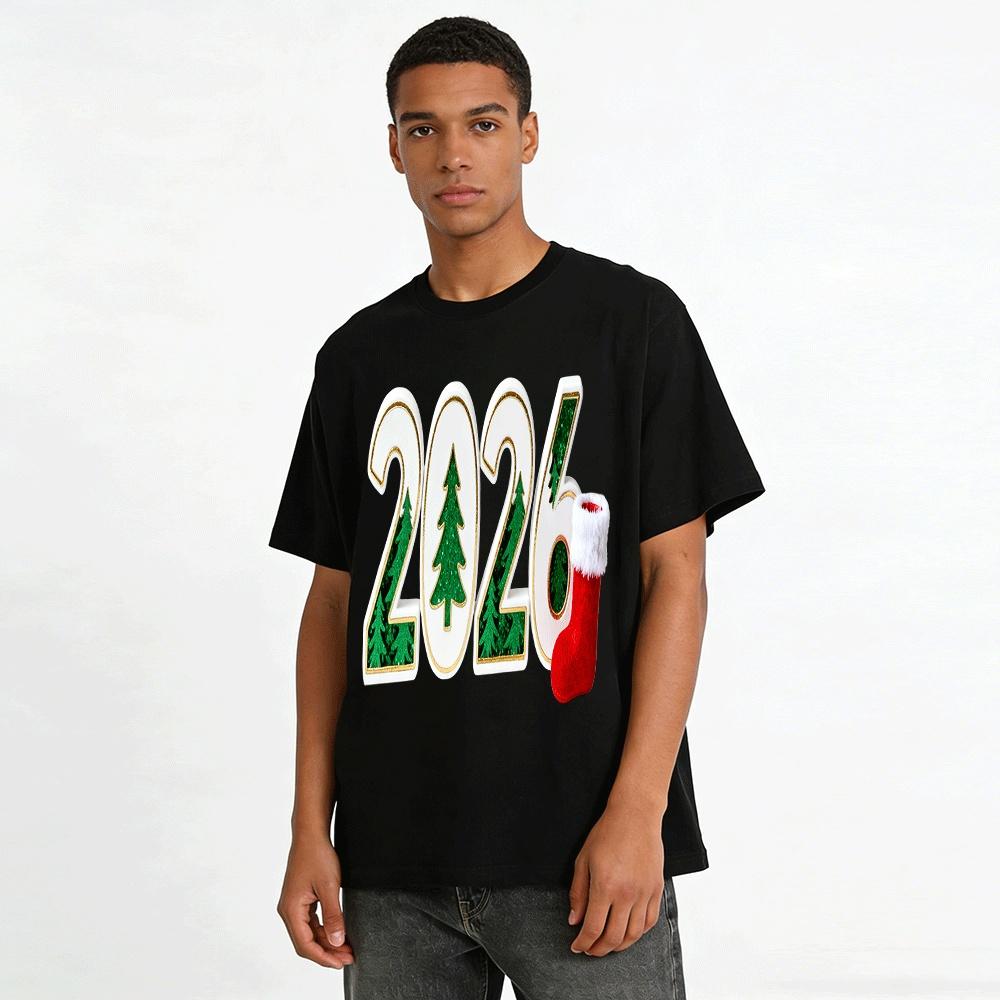 2026 Christmas Theme Number Print Casual Top for Men Women Pure Cotton T-shirt