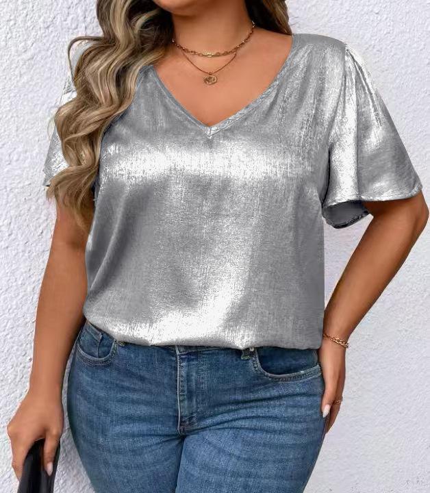 T-shirt Manches Courtes Uni Col en V Coupe Ample pour Femme Printemps/Été 2026