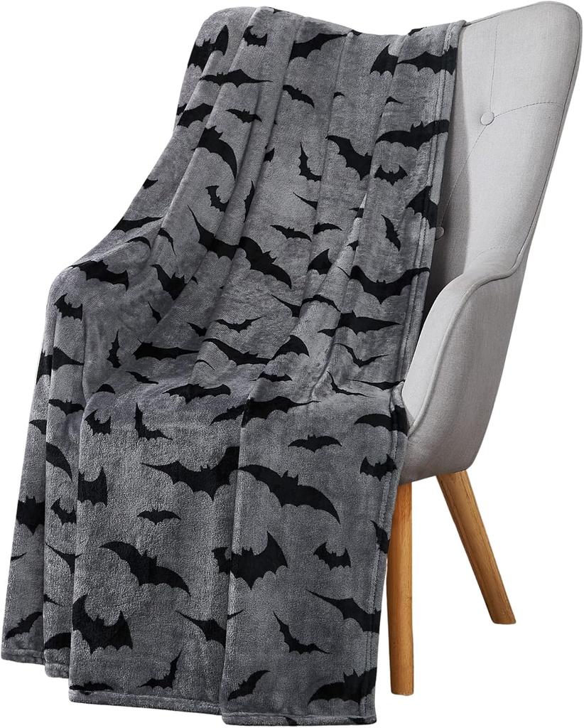 Spooky Season Bat Print Blanket Cozy Flannel Throw for Halloween Decor Perfect for Sofa Office Travel