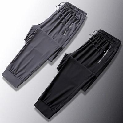 Męskie spodnie sportowe z wysokiej jakości elastycznego jedwabiu lodowego - Letnie oddychające, szybkoschnące, luźne proste nogawki, duży rozmiar, długie spodnie do biegania