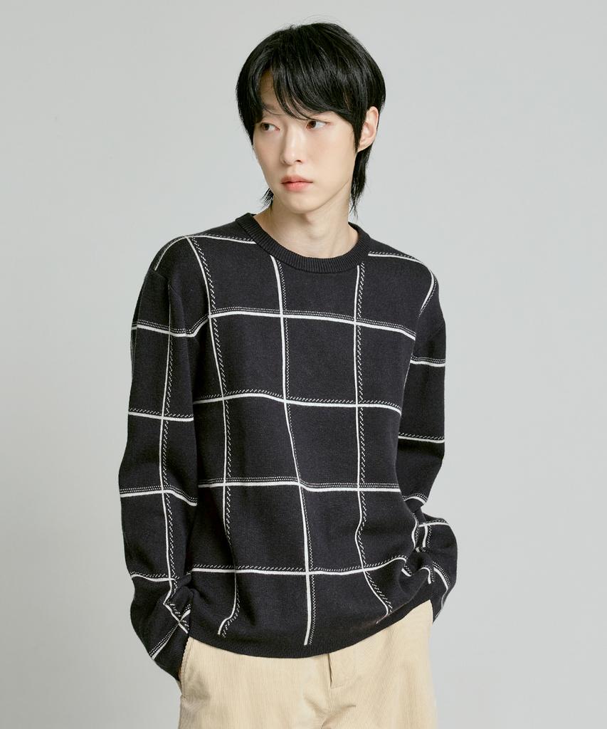 210EDIT Birdseye Soft & Chewy Round Big Check Knit [Check Navy]_Zf4Sw071