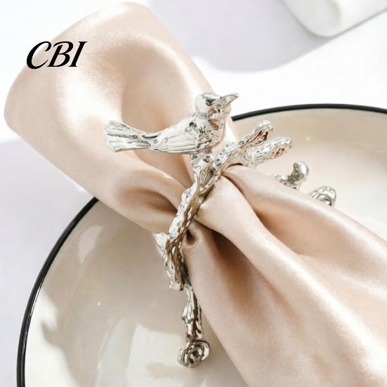 Tree Branch Napkin Ring Ring, Vintage & Bird Design with Gold Finish, Open-End Holder for Plated Cloth Linen Dinner Napkins, Wedding Banquet