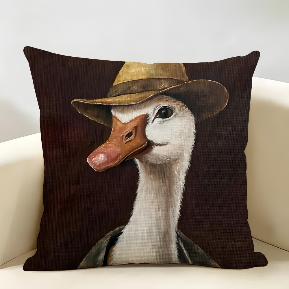 Cute Funny Goose Duck Art Cushion Cover Natural Linen Organic Fabric DoubleSided Printing Room Sofa Decor Pillow Case