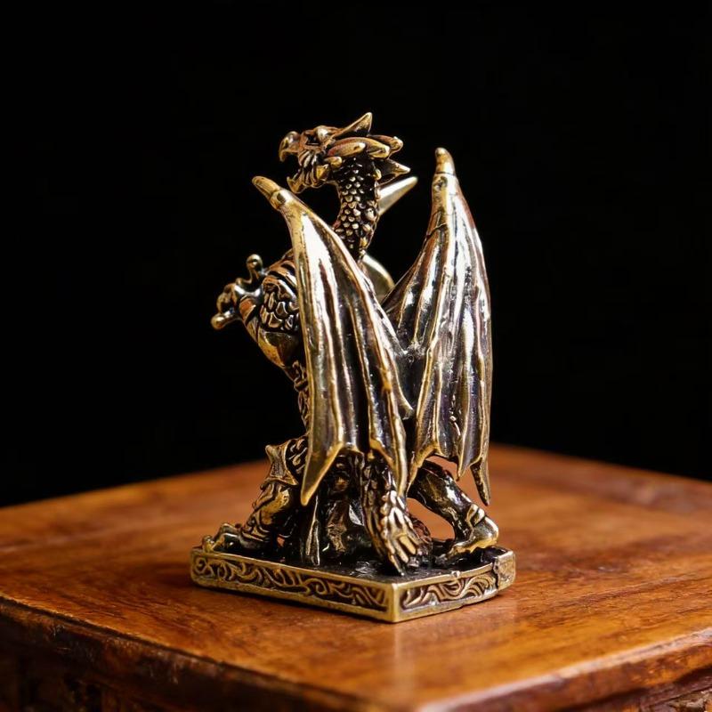 Brass Dragon Warrior Figurine Vintage Armor Sword Shield Desktop Decor Metal Craft Home Office Creative Ornament Interesting