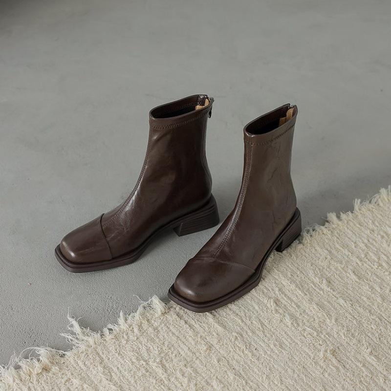 

Soft leather version~ British style zipper square head short boots women s 2025 autumn new versatile Chelsea thin boots 40 коричневый