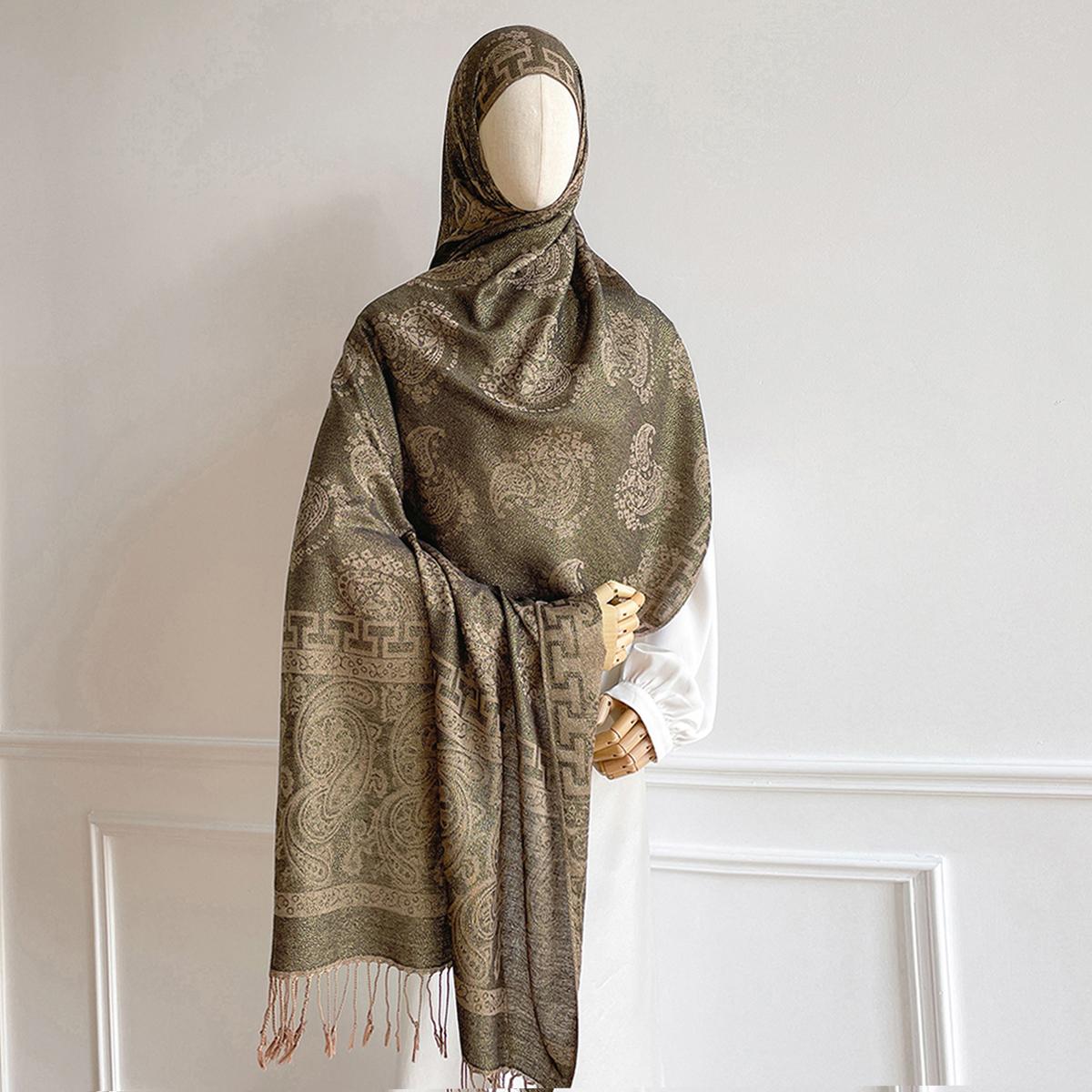 

70*190см Женский жаккардовый хиджаб-шарф с золотой нитью Мусульманская накидка Рамадан Ислам Головной платок Хиджабы Тюрбан Шейный платок Цветочные кисточки