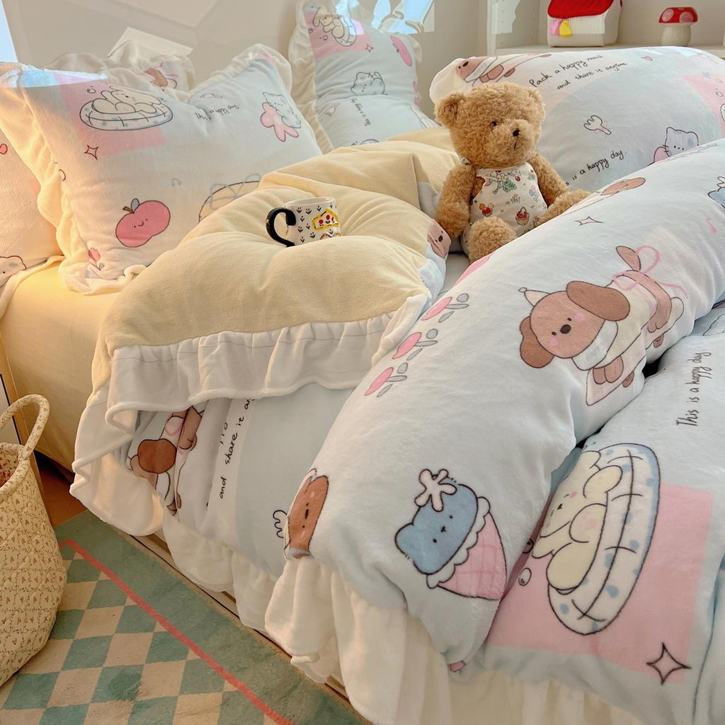 Thickened Milk Fleece Bed Four-Piece Set, Cute Lace Coral Fleece Quilt Cover, Fleece Bed Sheet Three-Piece Set